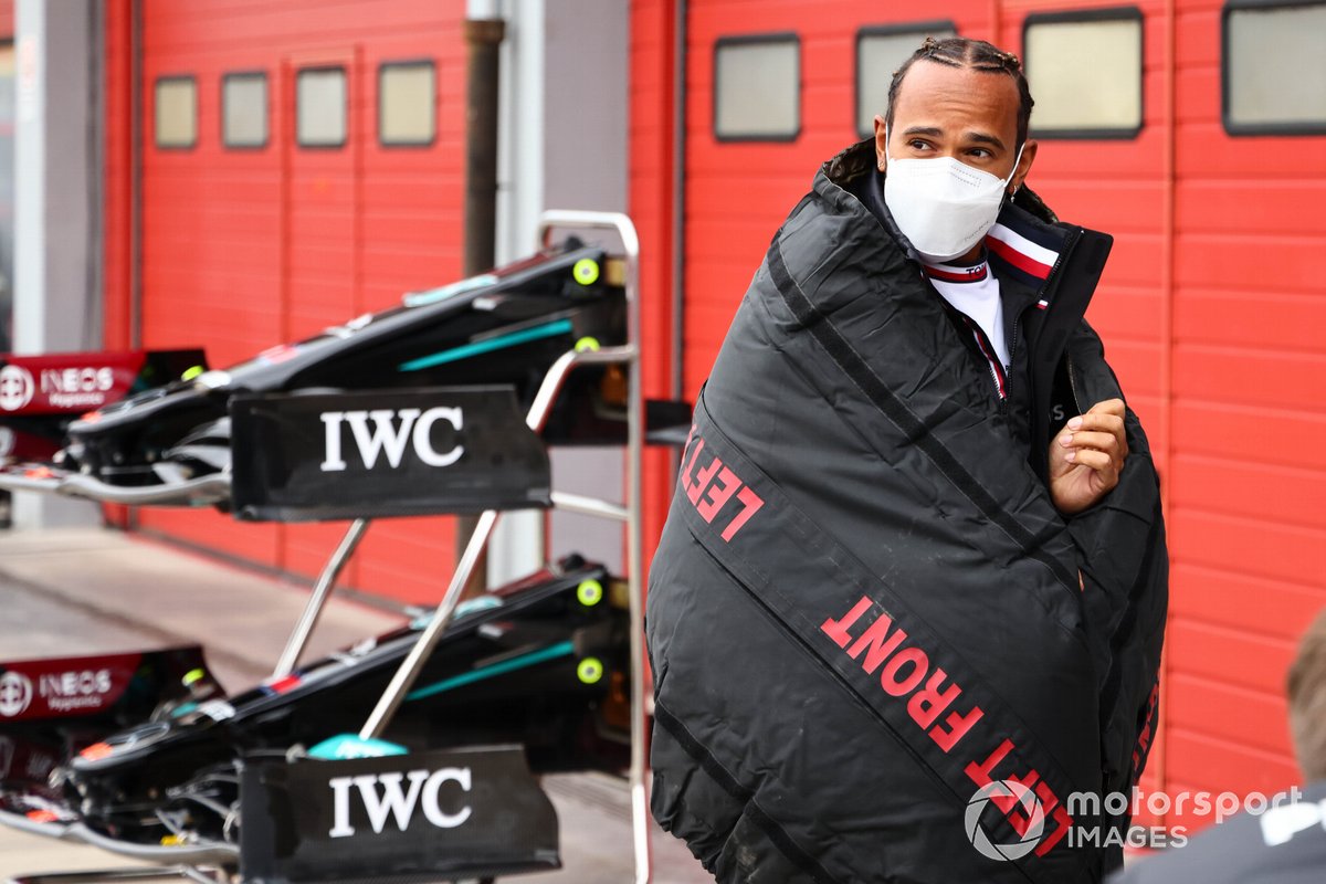 Sir Lewis Hamilton, Mercedes, wrapped in a tyre blanket