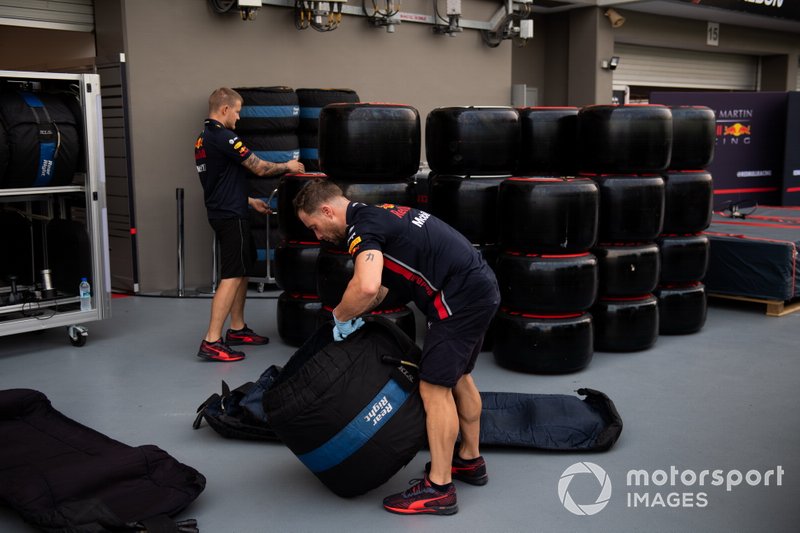 Pirelli tyres allocated to Red Bull are sorted into blankets in the paddock