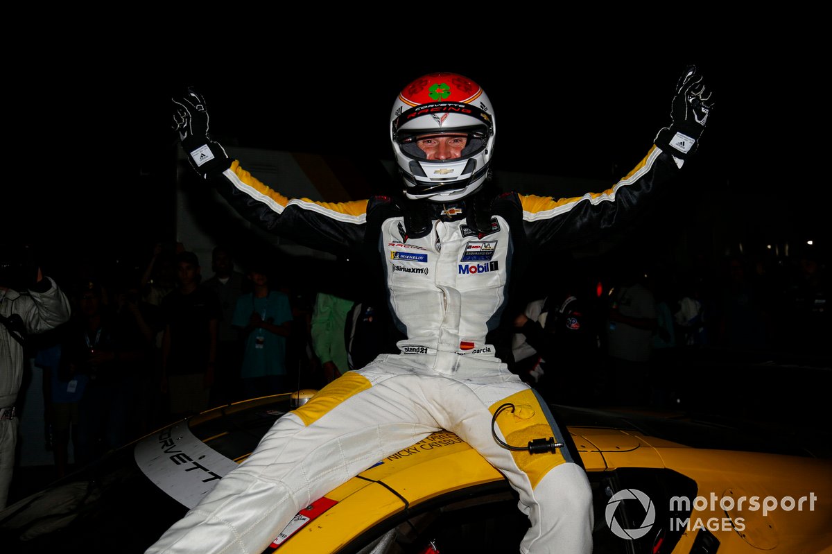 Antonio Garcia celebrates after class win at Sebring 12 Hours last year. 