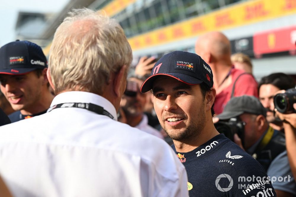 Helmut Marko, Consultant, Red Bull Racing, Sergio Perez, Red Bull Racing, 2nd position, talk after the race