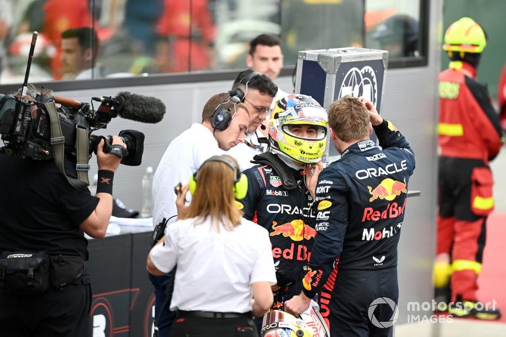 Sergio Perez, Red Bull Racing, Max Verstappen, Red Bull Racing, 1st position, talk in Parc Ferme