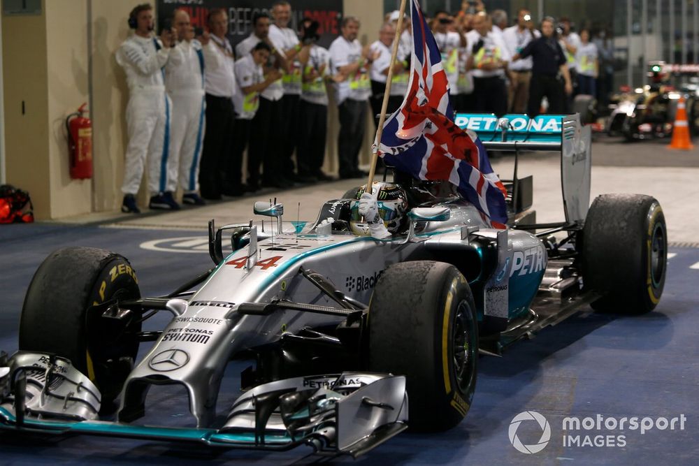 Lewis Hamilton, Mercedes F1 W05 Hybrid, 1st Position, arrives in Parc Ferme after securing the win and the 2014 World Champion