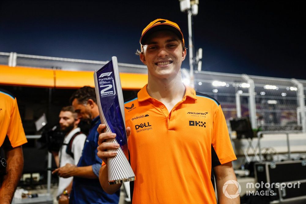 Oscar Piastri, McLaren, 2nd position, with his trophy