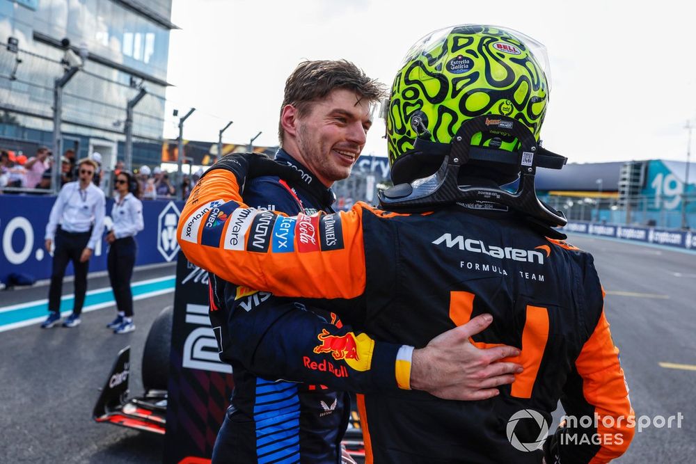 Max Verstappen, Red Bull Racing, 2nd position, congratulates Lando Norris, McLaren F1 Team, 1st position, in Parc Ferme 